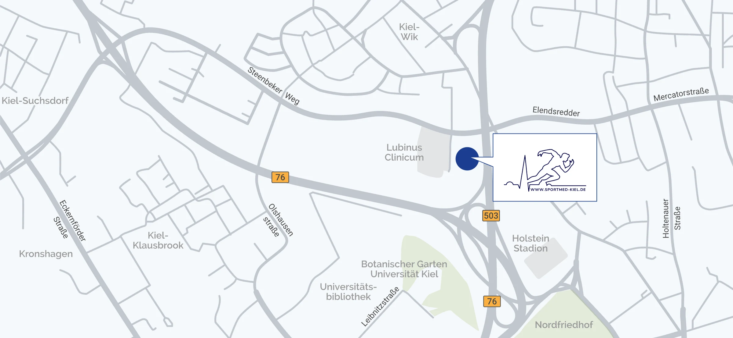 Anfahrtskarte zur Praxis am Steenbeker Weg 23a in Kiel
